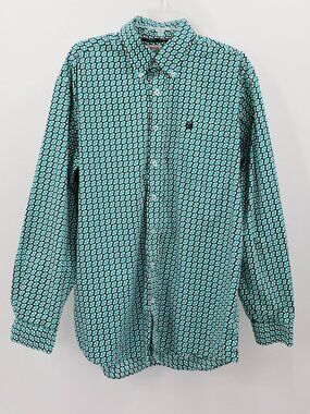 Cinch Button Up Shirt Men's L Turquoise Black Chain Link Print Long Sleeve Crest